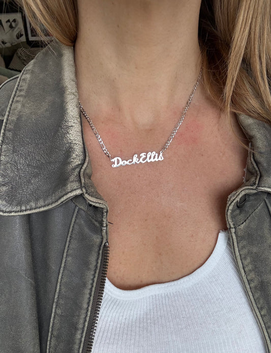 DOCK ELLIS NAMEPLATE NECKLACE ON FIGARO CHAIN